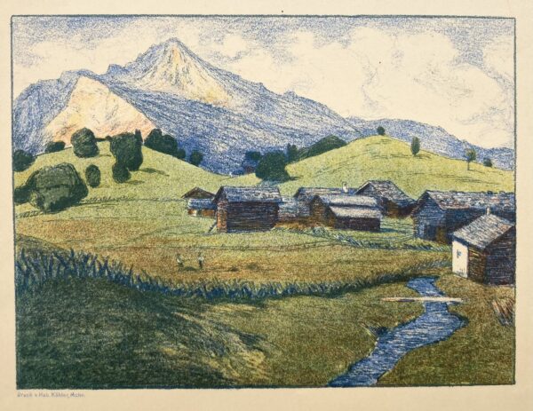 Carl Theodor MEYER BASEL - Paysage montagneux avec des chalets et un cours d'eau, ca 1905-1907