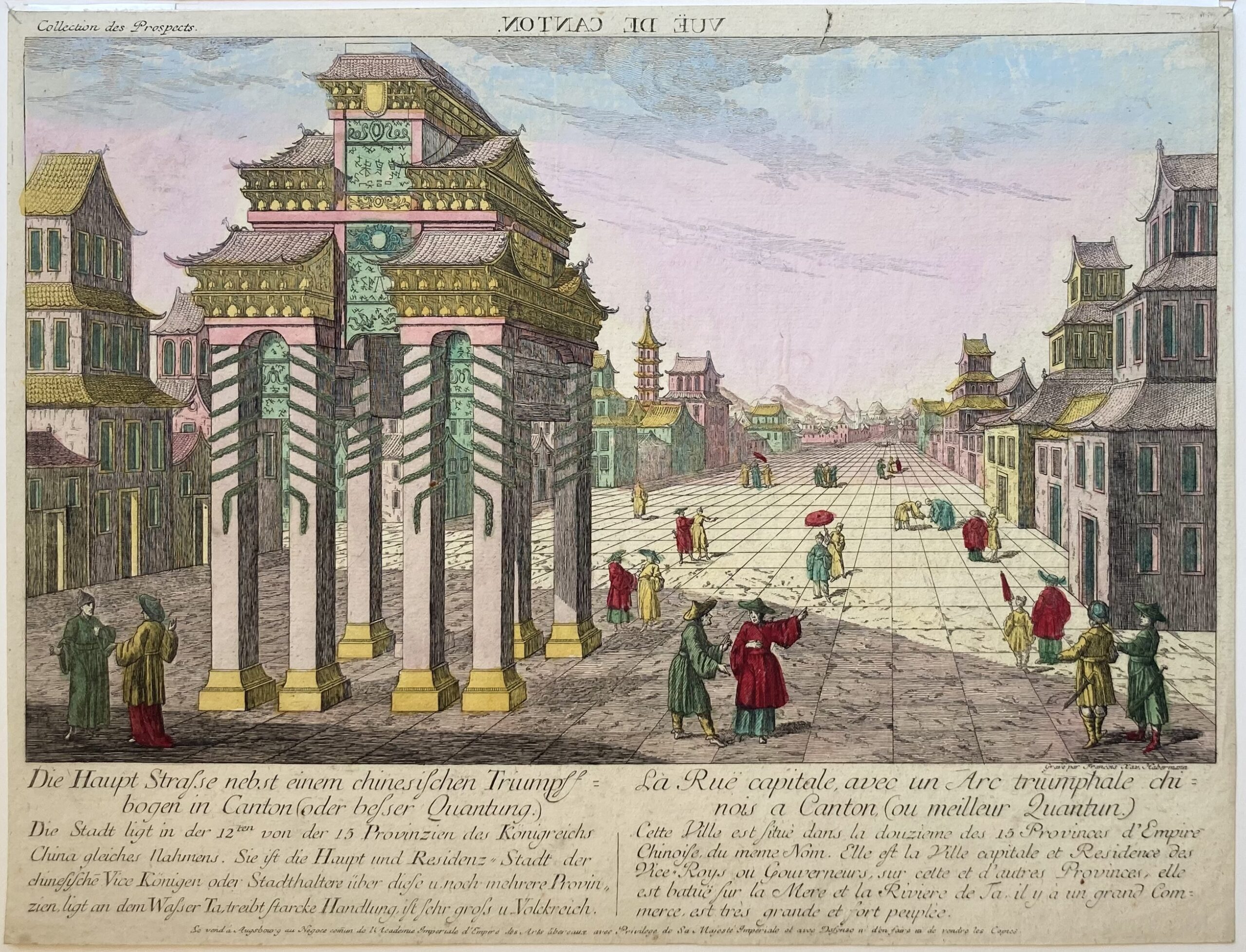 François Xavier HABERMANN - La Rue capitale, avec un Arc triomphal chinois à Canton, ca 1760