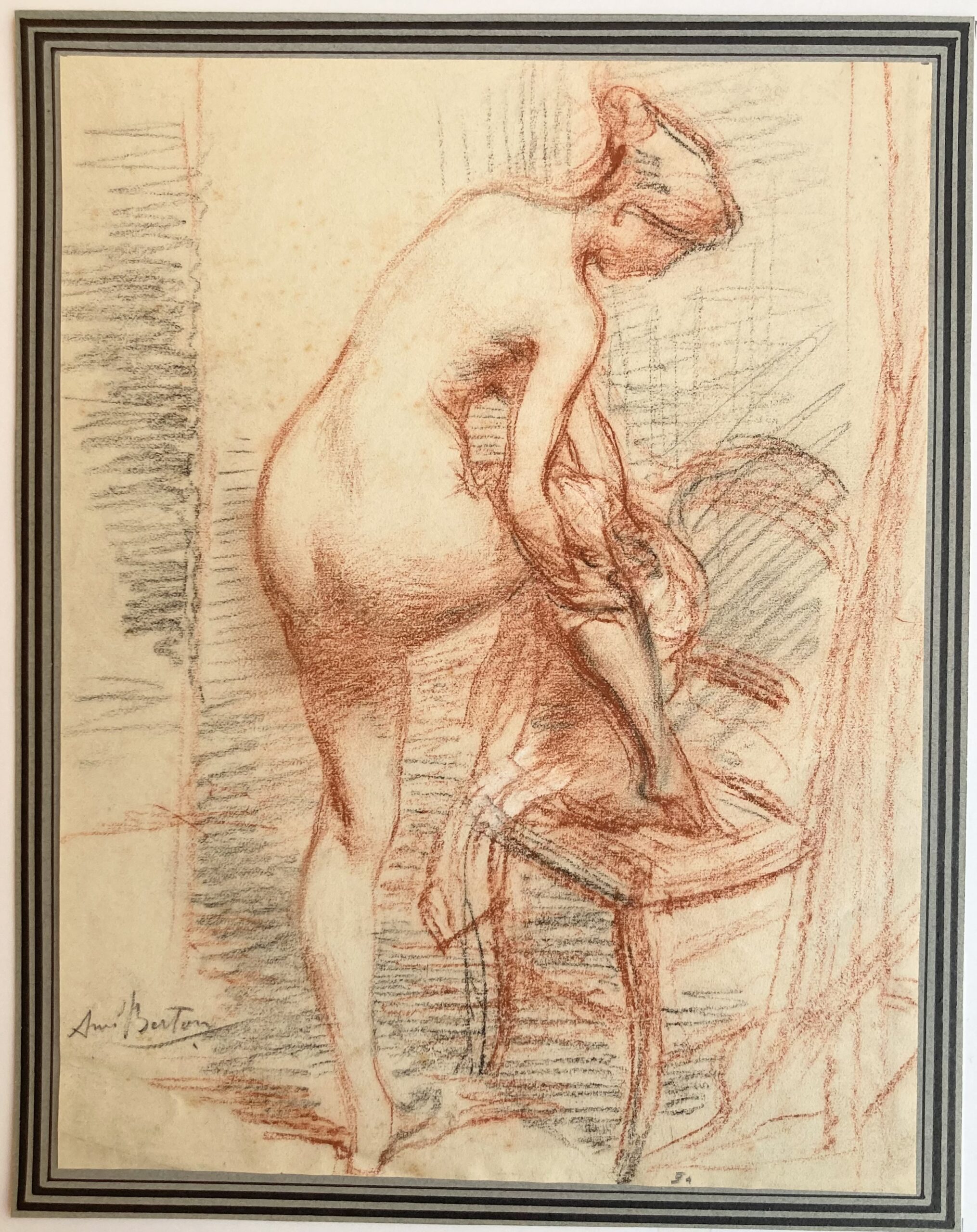 Armand BERTON - La sortie du bain ou jeune femme nue s'essuyant la cheville, ca 1900