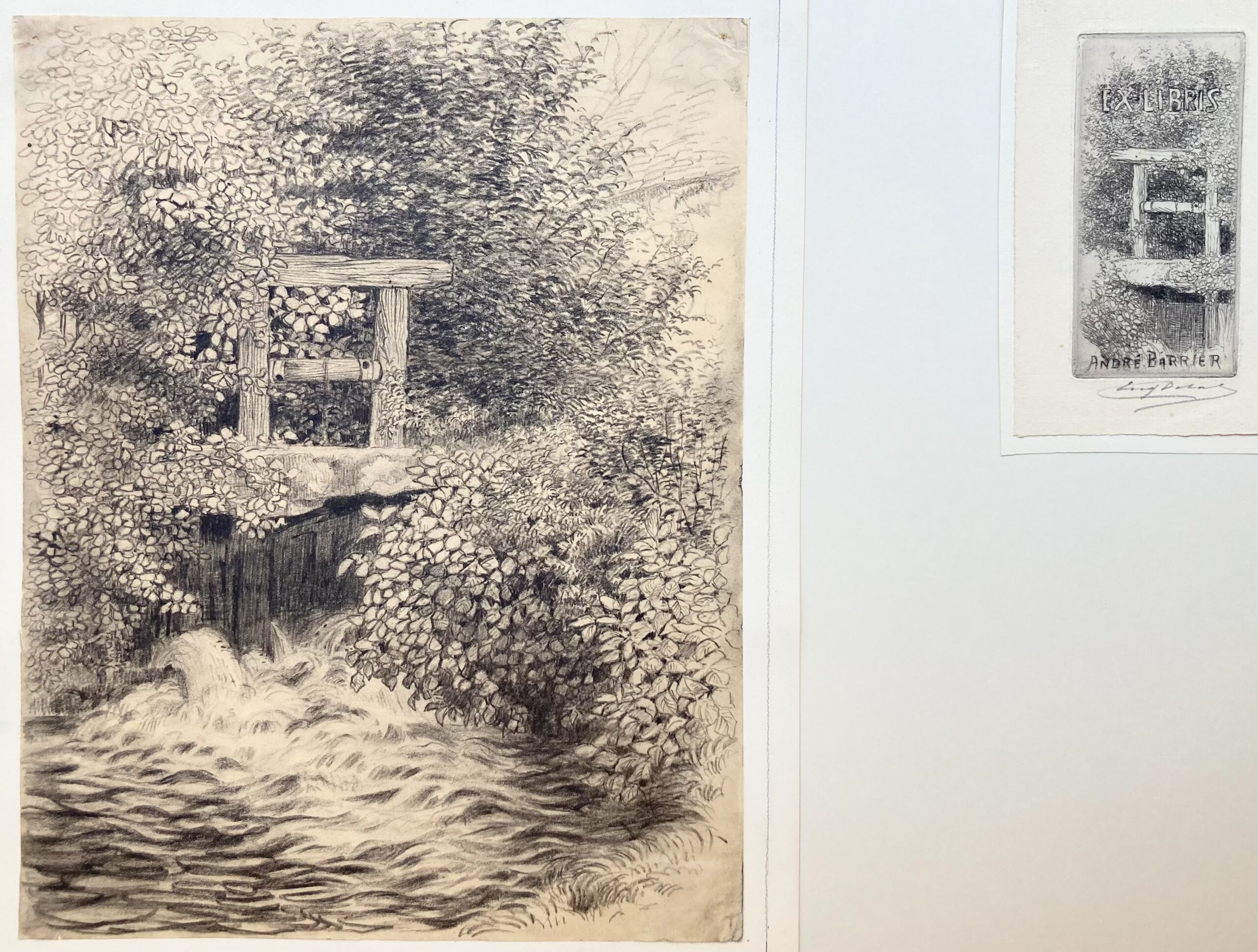 Eugène DELÂTRE - Ex-libris André Barrier and his preparatory drawing