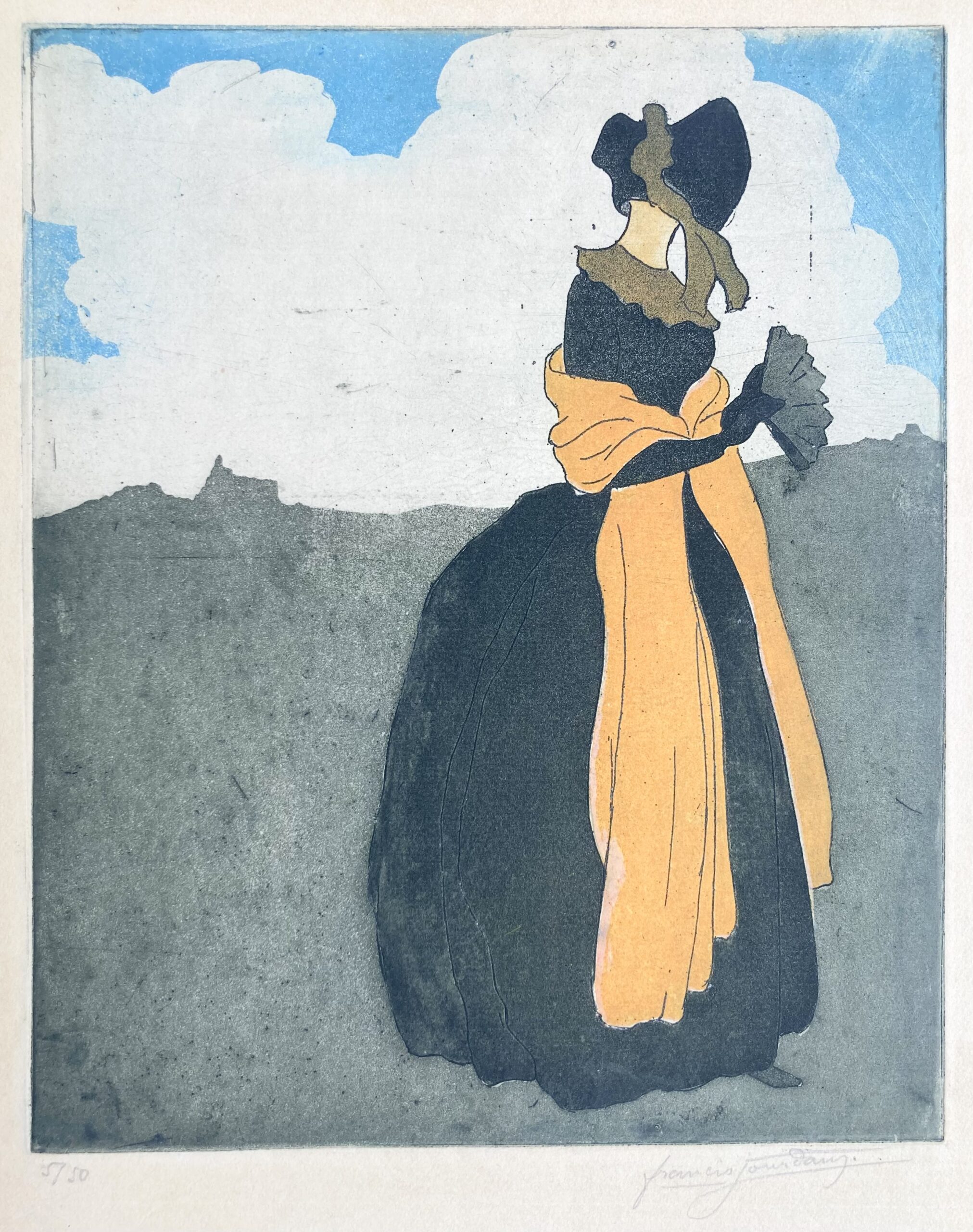 Francis JOURDAIN - Woman in a wide-brimmed hat holding a fan in a landscape, ca 1900